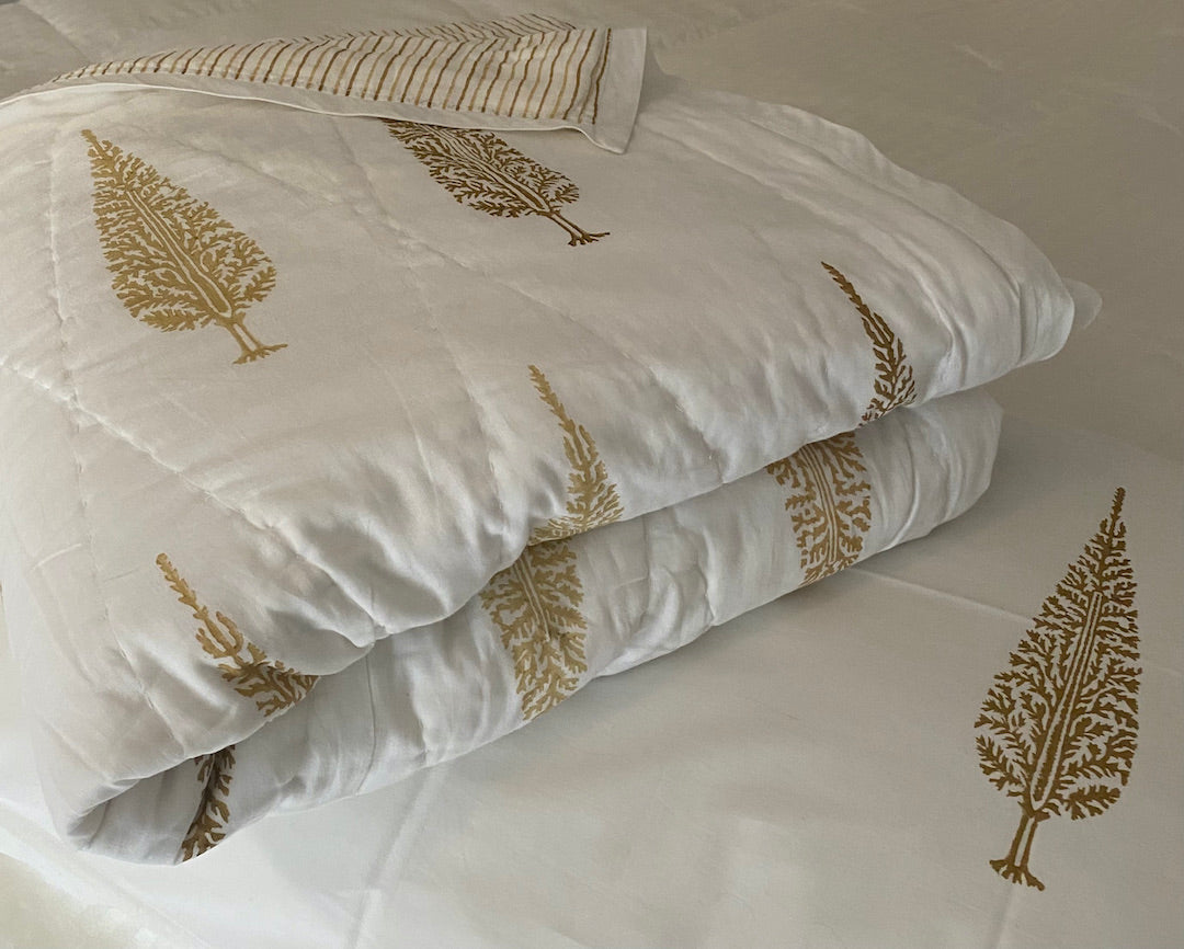 Cypress Tree block print cotton reversible Quilt