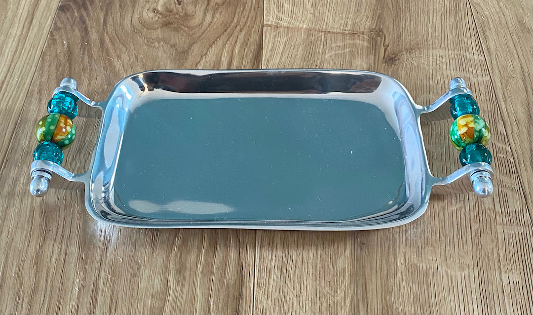 Rectangle metal Tray with beaded or ceramic handles
