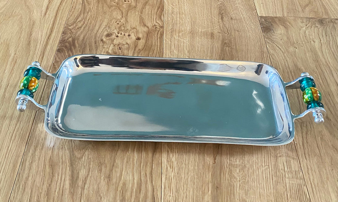 Rectangle metal Tray with beaded or ceramic handles