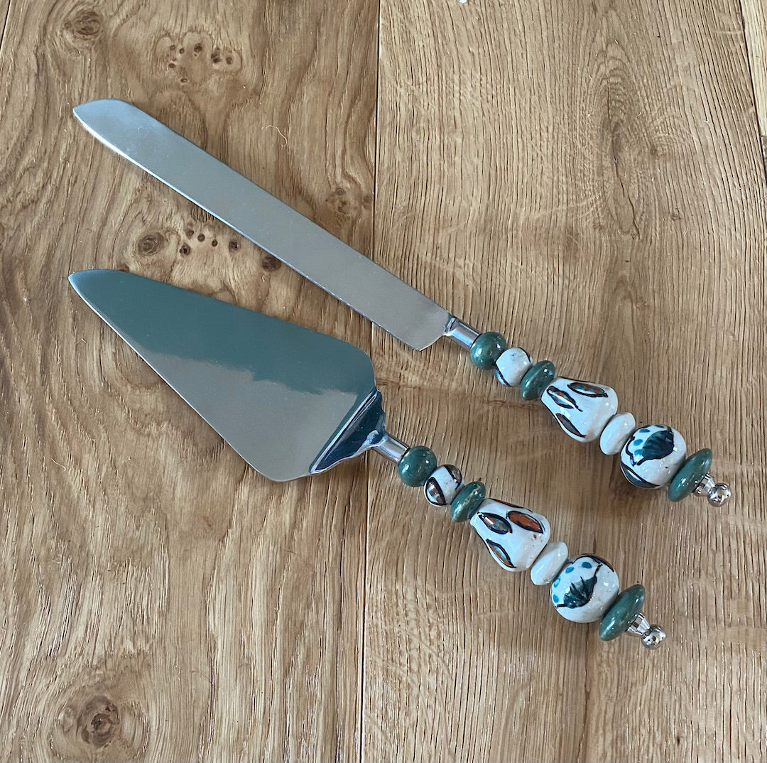 Cake knife and server with beaded or painted ceramic handles