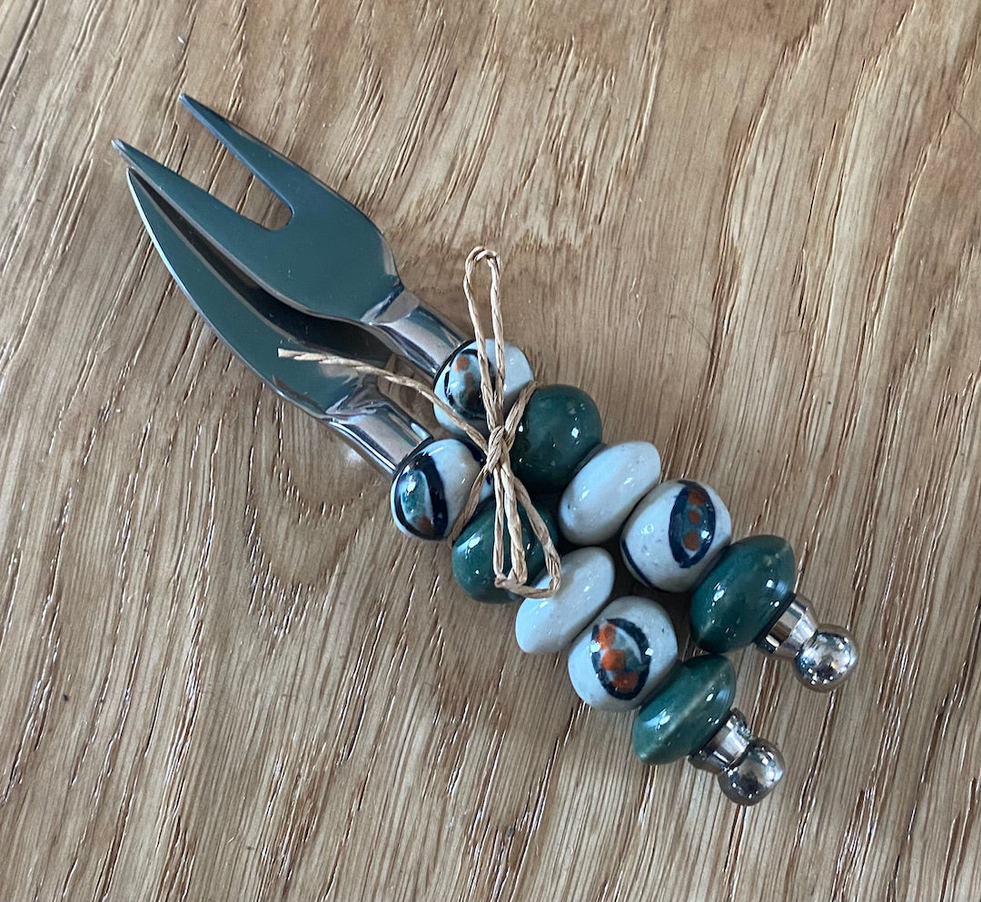 Cheese Knife and Fork set with beaded or ceramic handles