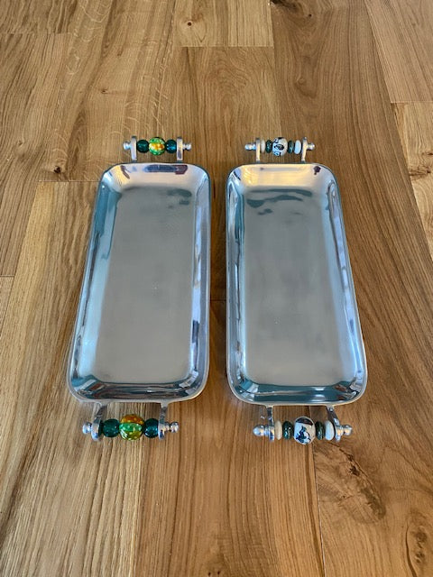 Rectangle metal Tray with beaded or ceramic handles