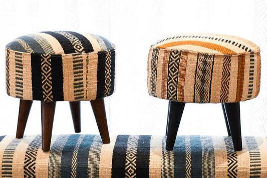 Wooden round Stool with striped Kilim top.