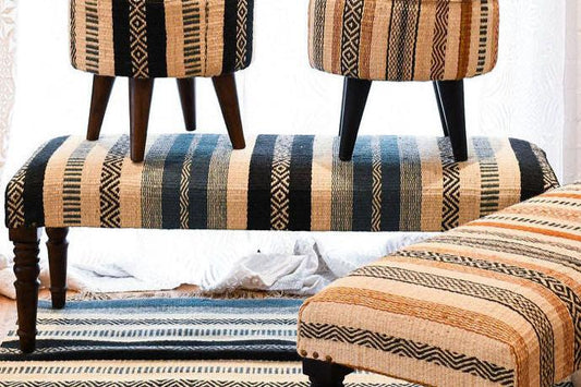 Wooden Settee bench with striped wool Kilim