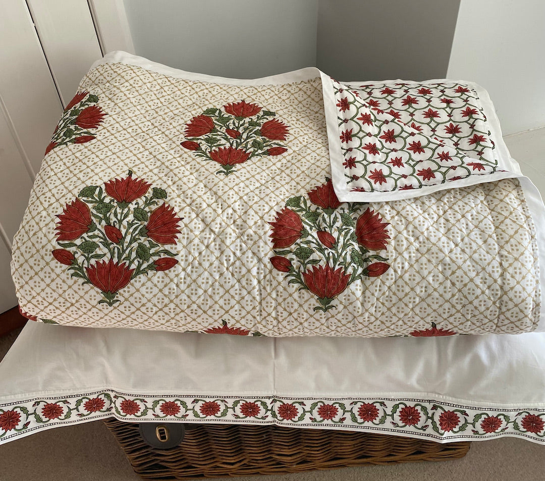 Lotus Print cotton reversible King Quilt