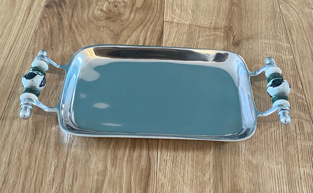 Rectangle metal Tray with beaded or ceramic handles