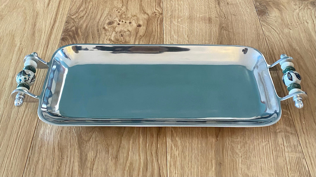 Rectangle metal Tray with beaded or ceramic handles