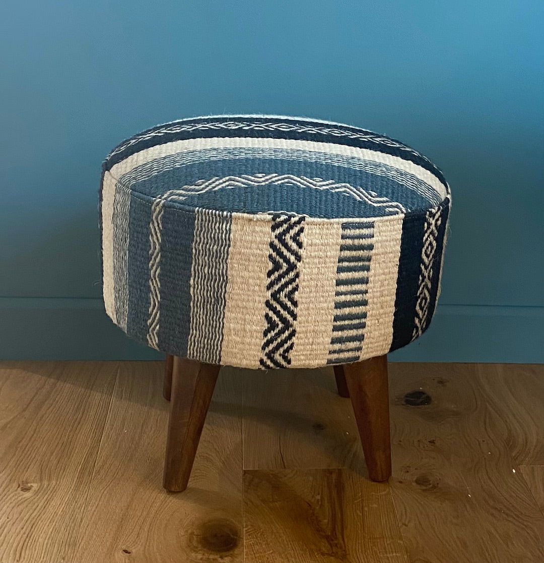 Wooden round Stool with striped Kilim top.