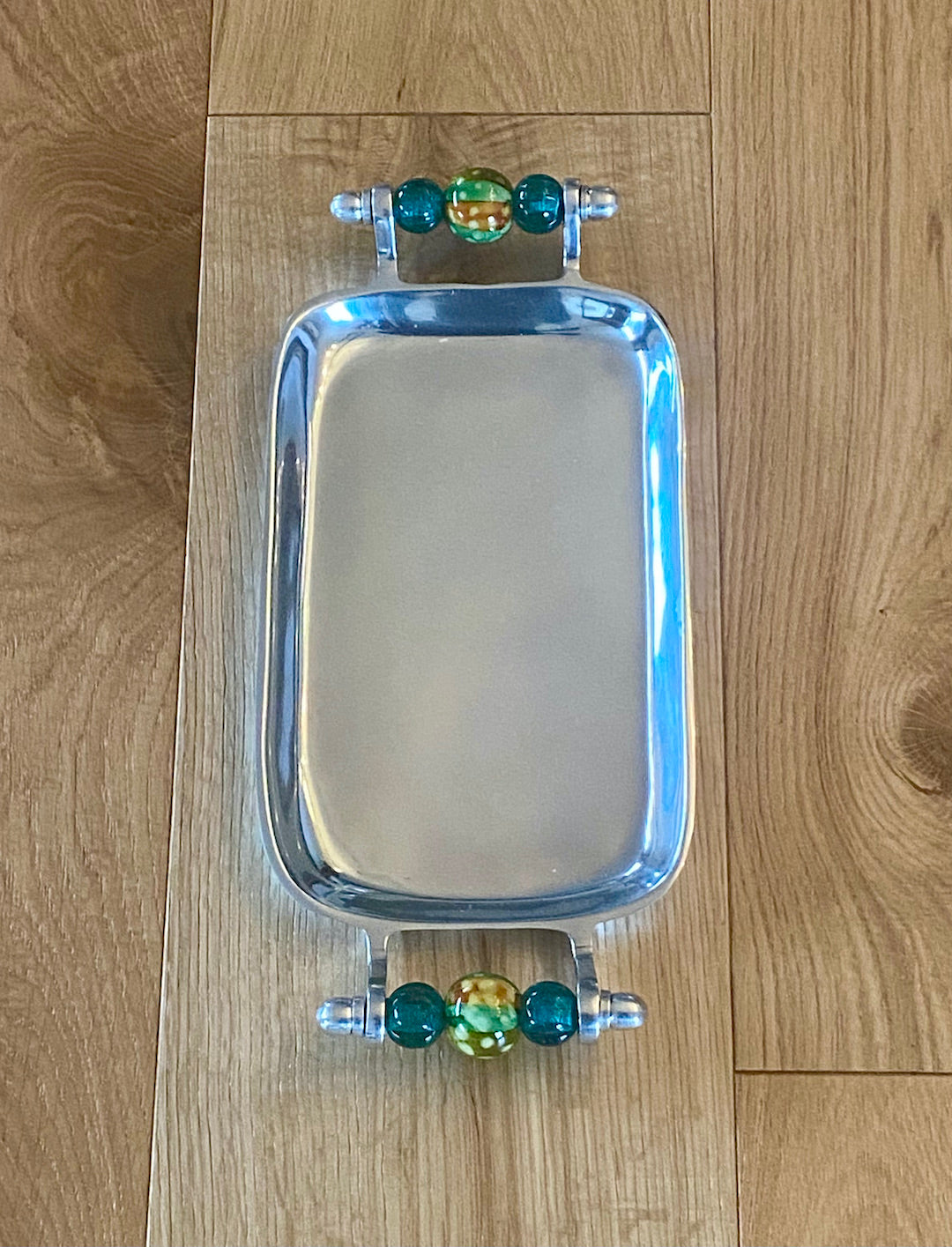 Rectangle metal Tray with beaded or ceramic handles