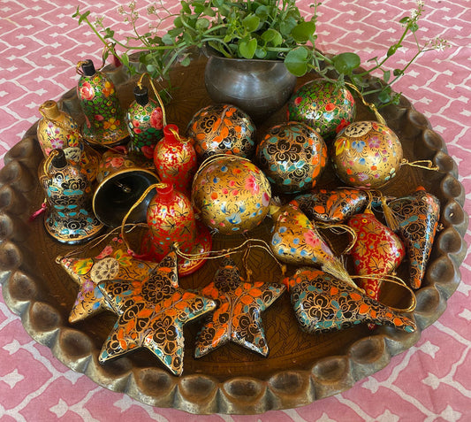 Baubles in Hand painted Paper Mache