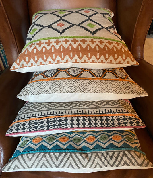 Cushion Covers in printed cotton with hand-work designs