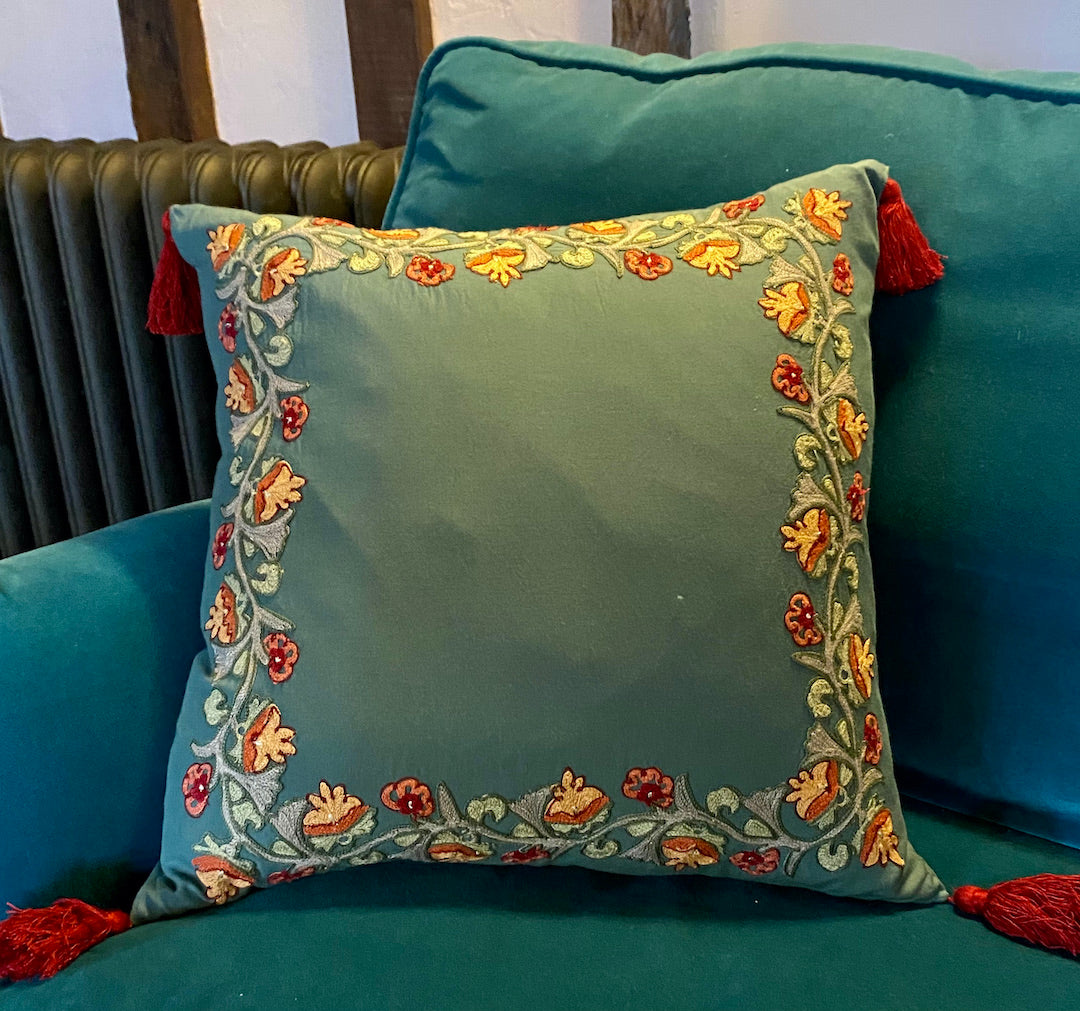 Cushion Cover with Suzani floral edge embroidery