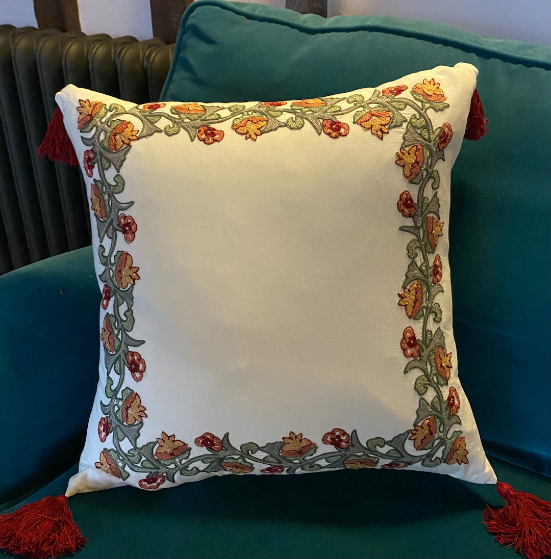 Cushion Cover with Suzani floral edge embroidery