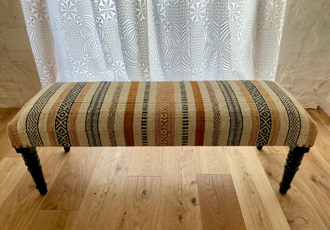 Wooden Settee bench with striped wool Kilim