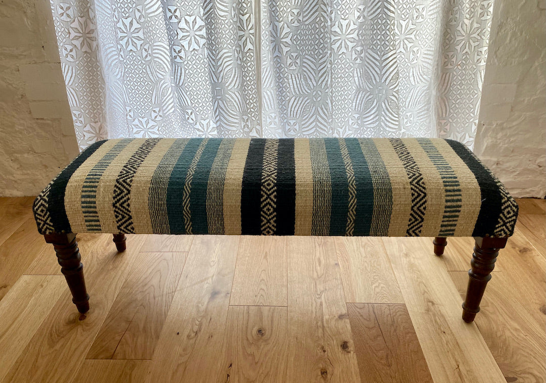 Wooden Settee bench with striped wool Kilim