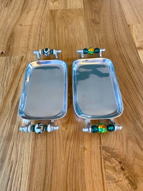 Rectangle metal Tray with beaded or ceramic handles