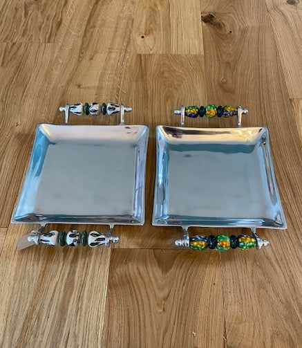 Square Tray or Serving plater with beaded handles